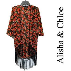 NWT Alisha & Chloe Black red roses fringed Kimono size M